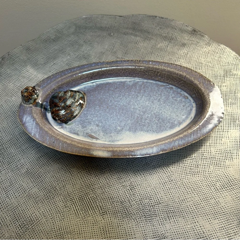 Studio Pottery ~ Decorative Handmade Oval Pottery Tray with Shell and Barnacle